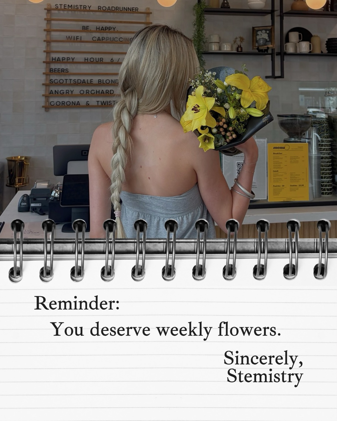 Reminder: you deserve weekly flowers — a guest at the counter with yellow lilies