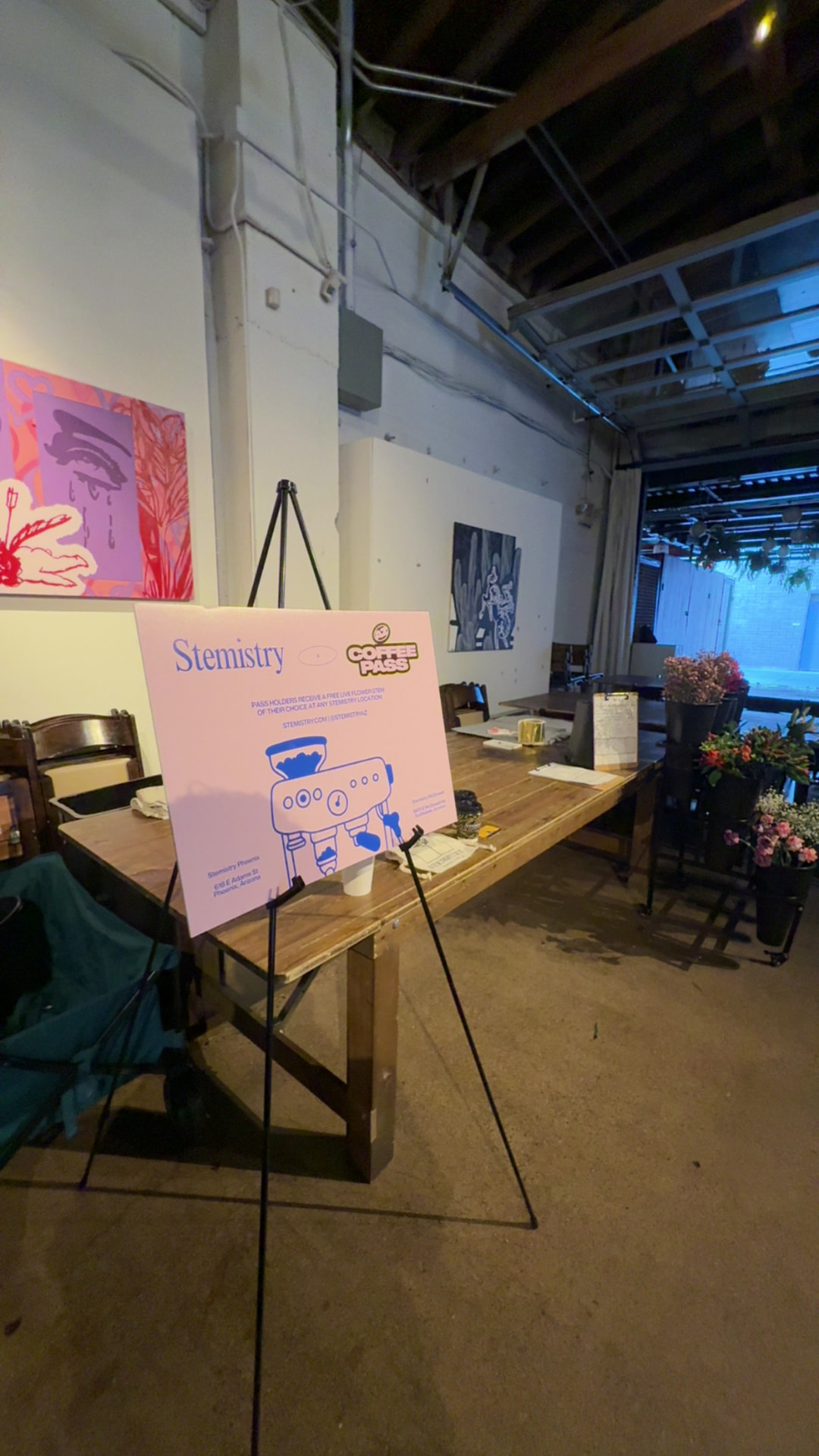 Stemistry x Coffee Pass sign on an easel at the Phoenix location