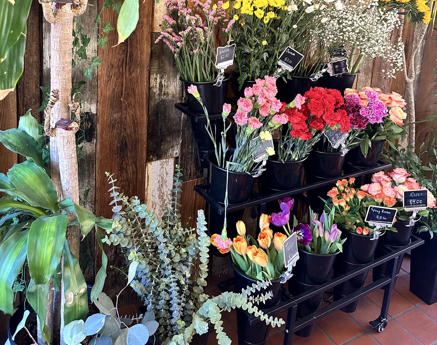 Buckets of fresh statice, carnations, tulips and roses on the flower rack